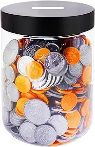 Mczxon Large Coin Bank Jar, Big Clear Plastic Coin Money Tip Change Saving Piggy Jar with Black Slotted Lid, Large Plastic Coins Piggy Money Change