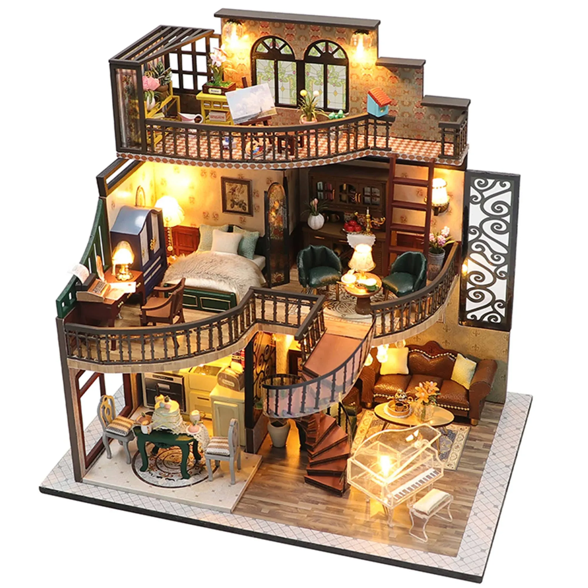 Lannso DIY Dollhouse Miniature Kit, Doll House Kit with Dust Proof Cover and Music Box