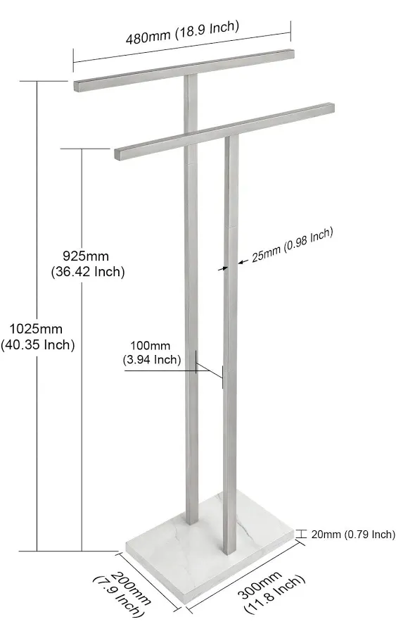 40 Inch Tall Standing Towel Rack, 2 Tier Bathroom Towel Rack Stand with Marble Base, Free Standing Towel Sheet Holder Stand Next to Bath Tub or Shower, Stainless Steel Brushed Finish