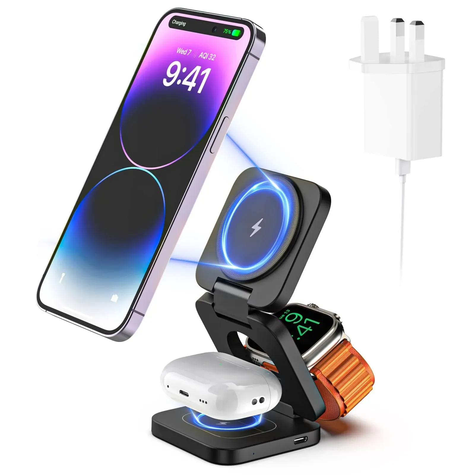 X55 Fast Wireless Charger, Magnetic Foldable 3 in 1 Charging Station