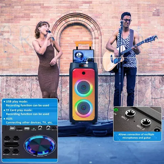 Karaoke Machine with 2 Wireless Microphones, Portable Bluetooth Karaoke Speaker for Outdoor, Big Party Speaker with Disco Lights for Gatherings, The Best Gifts for Christmas