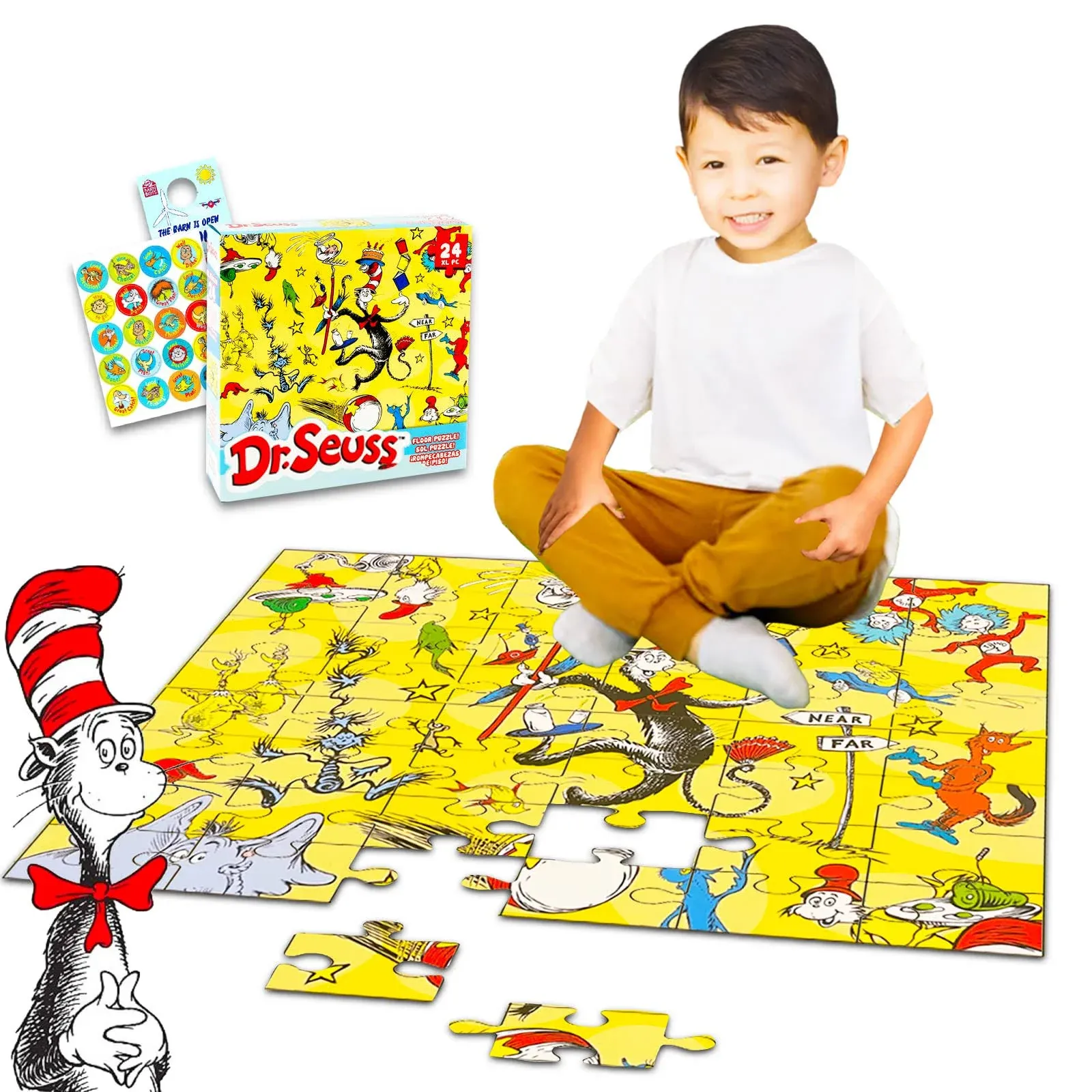 Dr. Seuss Floor Puzzle for Toddlers - Dr. Seuss 24 Piece Puzzle Bundle with Dr. Seuss Stickers and More for Boys and Girls Dr Seuss Gifts