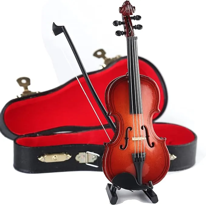 Seawoo Dselvgvu Wooden Miniature Violin with Stand,Bow and Case Mini Musical ...