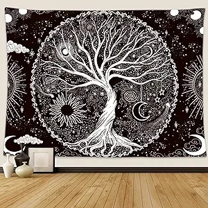 Wonrizon Tree of Life Tapestry,Black and White Galaxy Space Tapestries Aesthetic Psychedelic Wall Hanging decor for Living Room Bedroom (51.2" x 59.1")