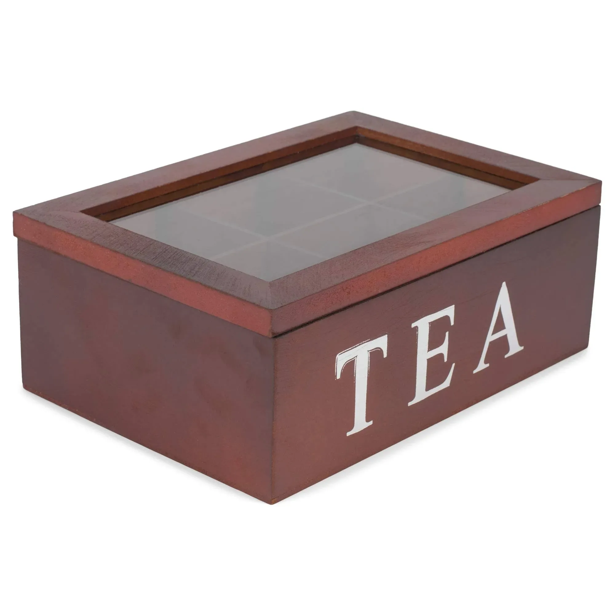 Wooden 6 Compartment Window Display Tea Storage Chest, Espresso Finish