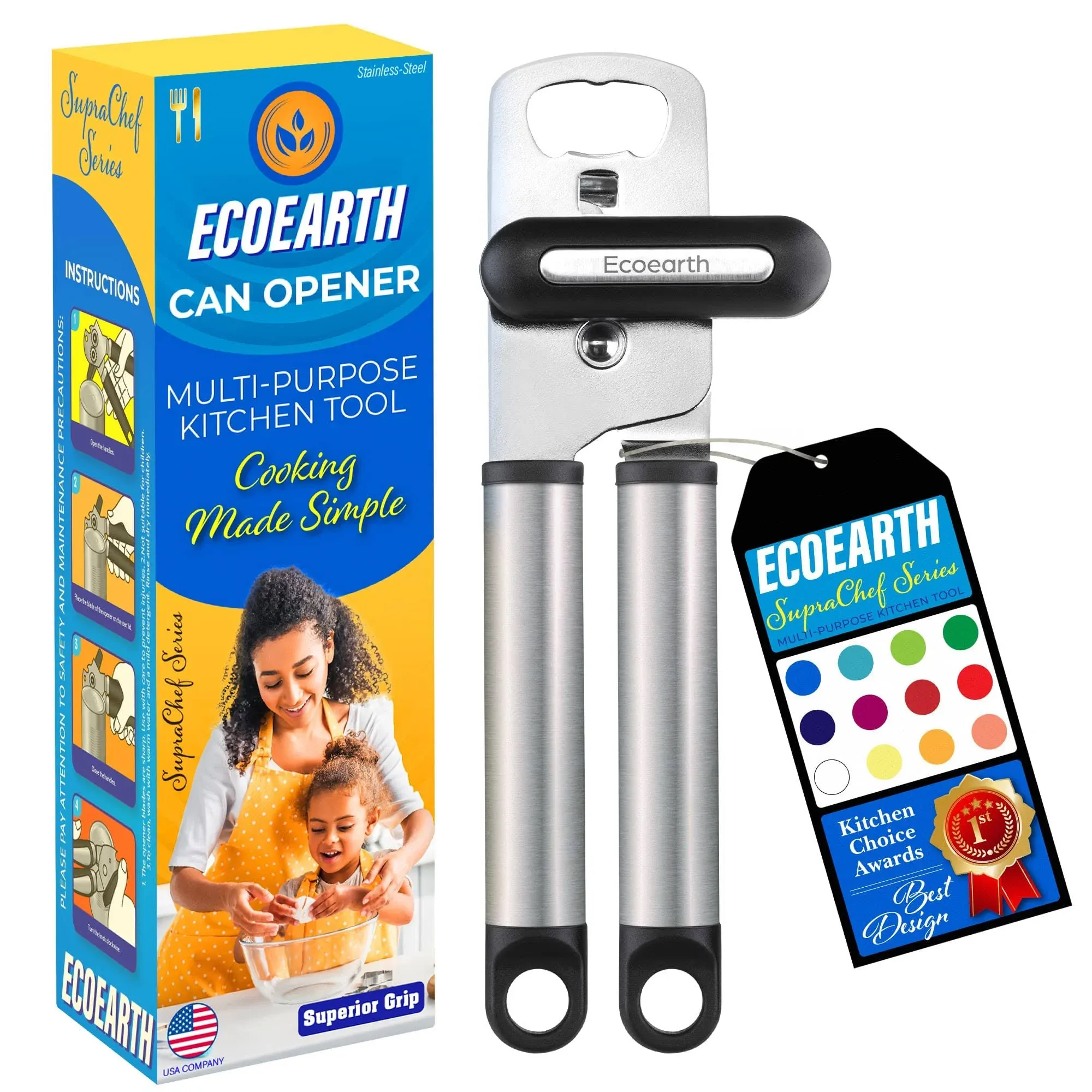 Ecoearth Heavy-Duty Manual Hand Can Opener, Easy Turn Knob Bottle Opener & Lid Lifter, Stainless Steel & Black