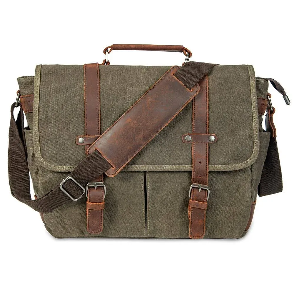 Vintage Genuine Leather Waxed Canvas Briefcase Large Satchel Shoulder Bag Rugged ...