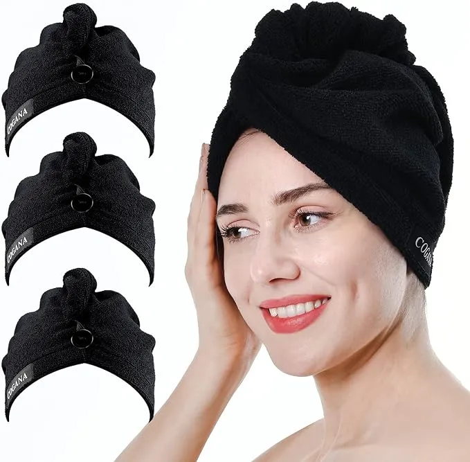 3Pack Microfiber Hair Towels, Hair Towel Wrap for Women, Hair Drying Towel with Button, Hair Wrap Towel for Curly Hair, Hair Turban for Wet Hair(10Wx28L, Black)