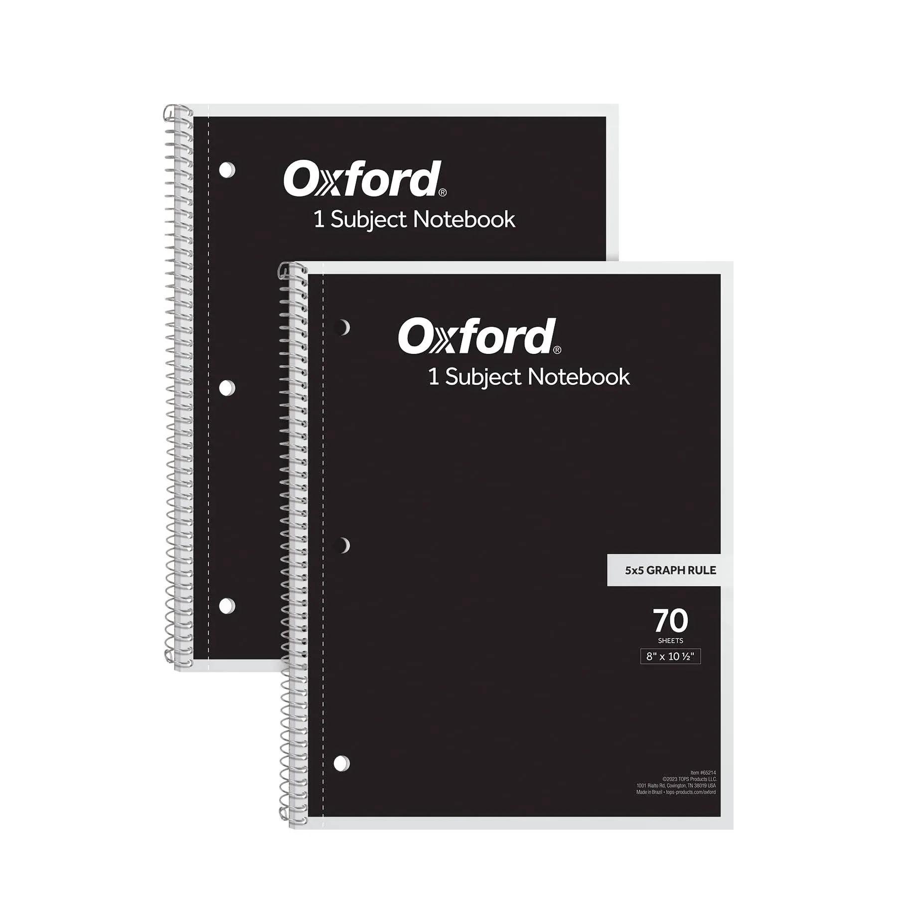 Oxford Spiral Notebook 2 Pack, 1 Subject School Pads, 3-Hole Punch, 5 x 5 Inch Graph Paper, 8-1/2 x 10-1/2 Inches, Black Covers, 70 Perforated Sheets (65214)