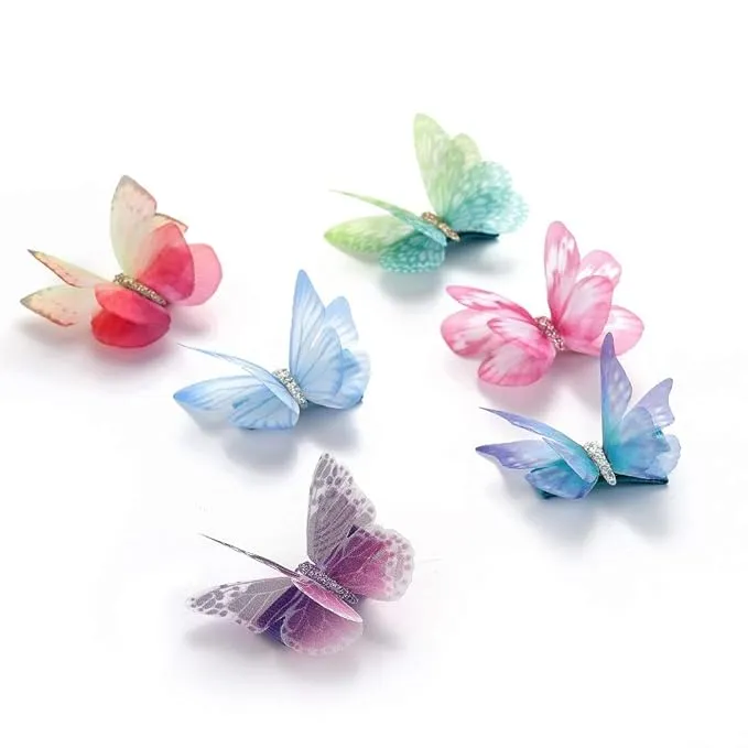 Liasun 6Pcs/pack 3D Colorful Organza Butterfly Hair Clips - Chiffon Fairy Wings - Ribbon Wrapped Clips Barrettes Hair Accessories (Multicolor)