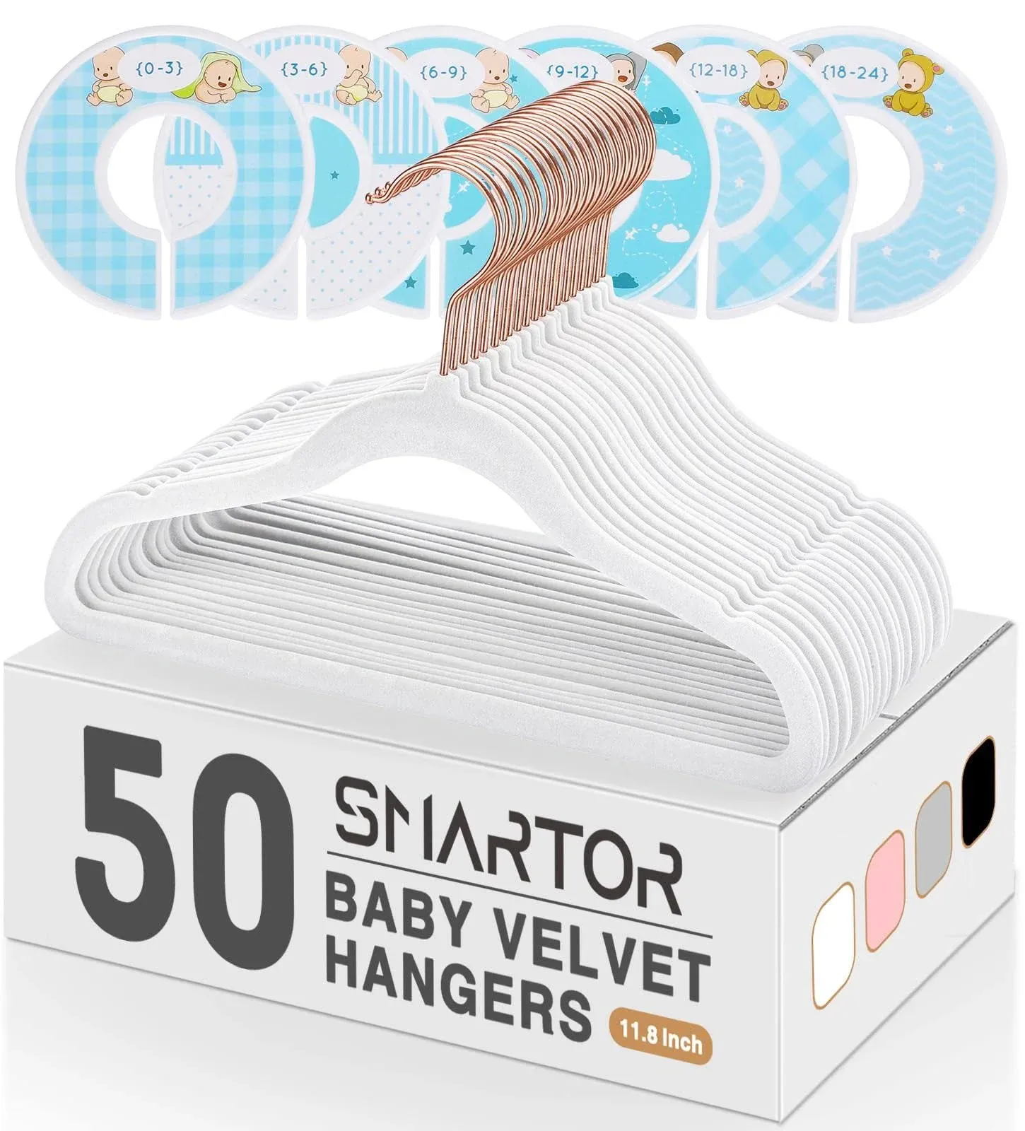 Smartor Premium Baby Hangers Velvet for Closet 50 Pack, 11.8" Durable Kids Felt Hangers Non Slip for Toddler, Baby Clothes Hangers for Childrens on Closet Storage (Rose Gold Hook)- White