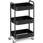 3-Tier Rolling Utility Cart with Stopper Caster Wheels and 4 Hooks, Easy Assembly, for Kitchen, Bathroom, Living Room, Office (Black)