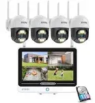 ZOSI 2K 8CH Security Camera Wireless Outdoor System with 12.5in LCD Monitor,4x 3MP Pan/Tilt Cameras with 2 Way Audio,Color Night Vision,Human