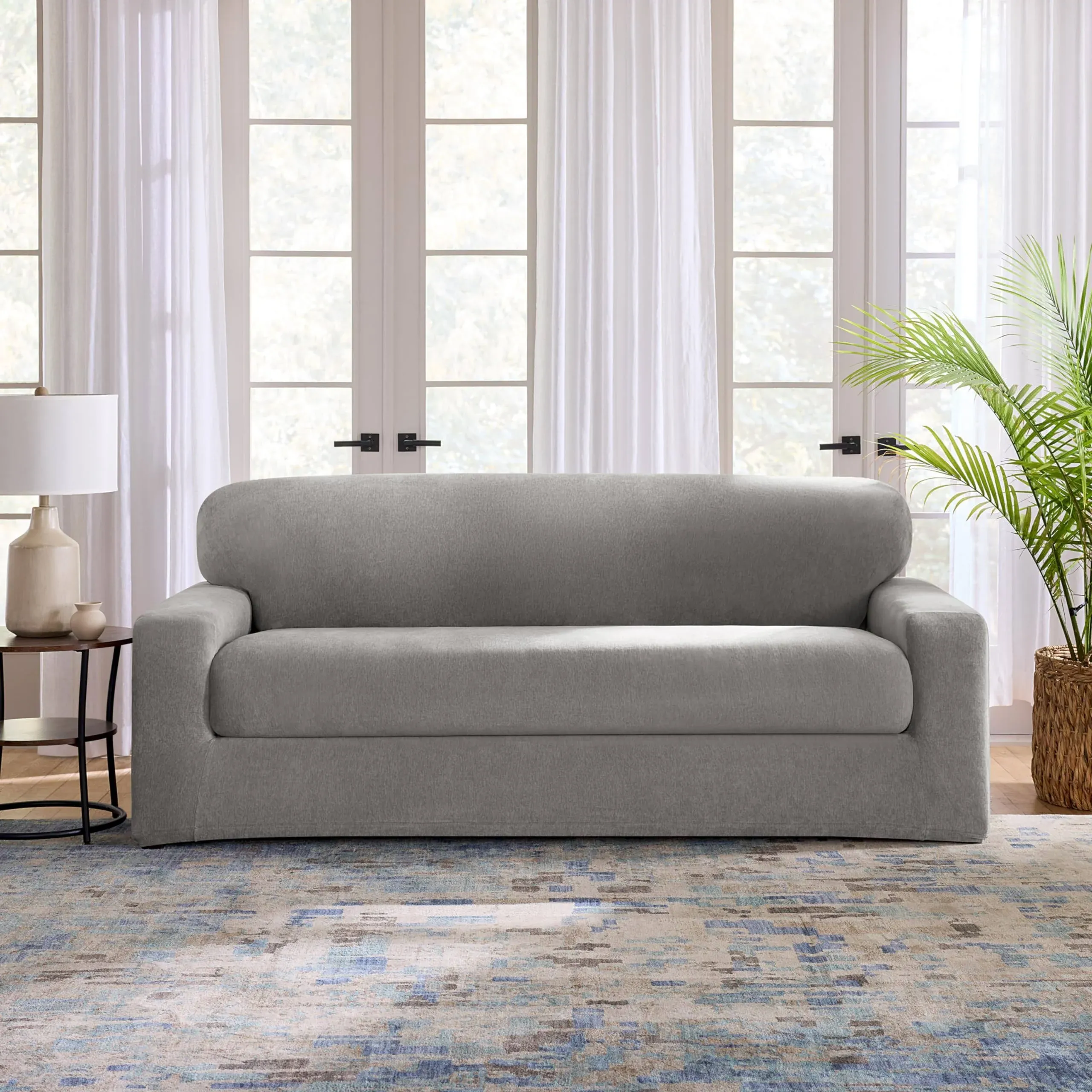 Sure Fit Cedar Stretch Gray Polyester Textured 2-Piece Sofa Slipcover