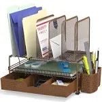 Simple Houseware Mesh Desk Organizer with Sliding Drawer, Double Tray and 5 Upright Sections, Silver