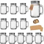 TANGLONG Mason Jar Cups,Mason Jars With Handle And Lids,Mason Jar Drinking Glasses,Glass Mason Jar Mugs 16 oz –12 Pack