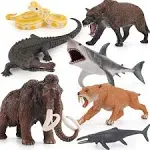 7 PCS Ancient Creatures Animal Model Figures Mammoth Saber-Toothed Tiger Shark Crocodile Snake Party Favors Cake Toppers Decoration Toys for 5 6 7 8 Years Old Boys Girls Kid Toddlers