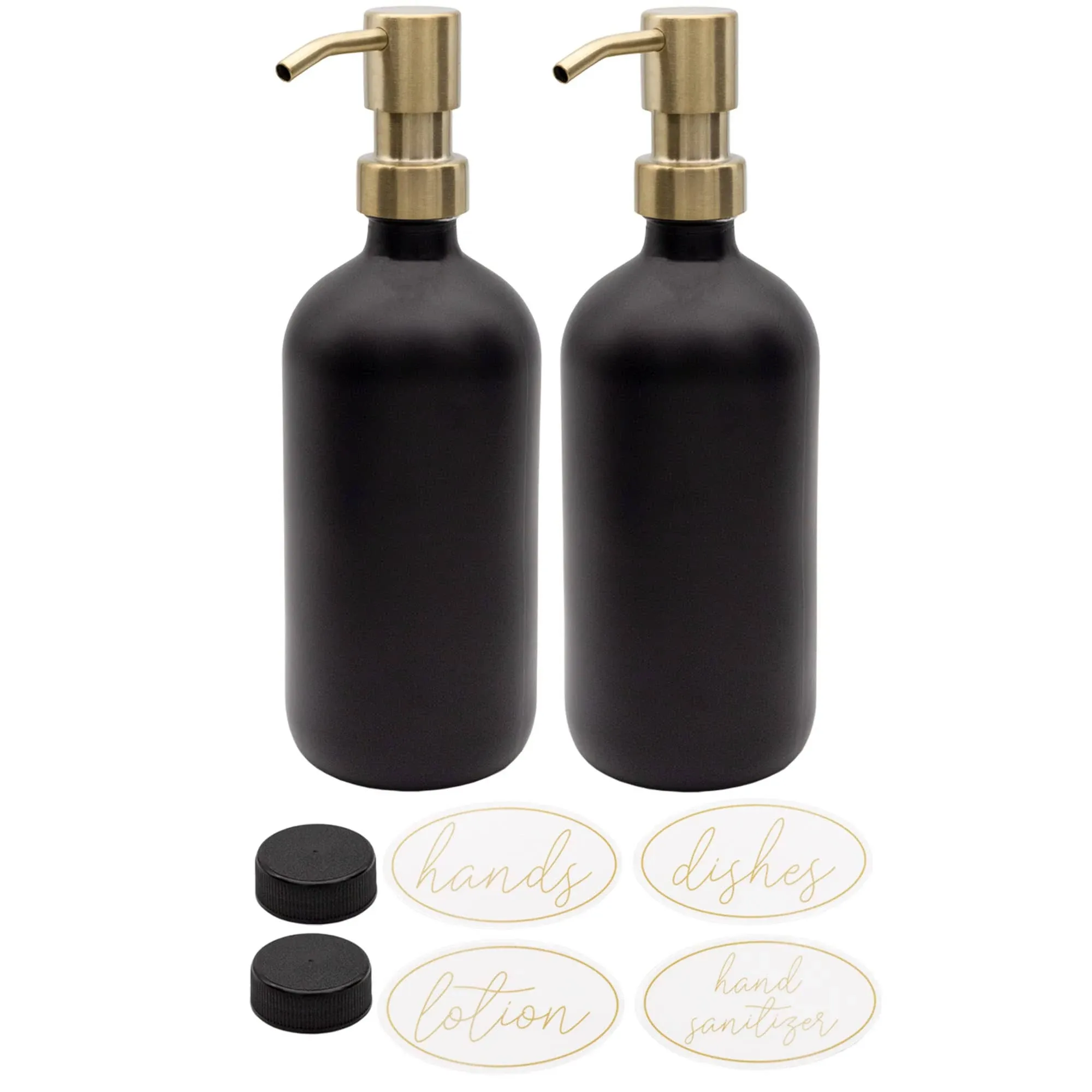 Darware 16oz Glass Pump Bottles (Set of 2); Soap Dispenser Pump Bottles with Brushed Metal Pump Tops Black w/ Gold