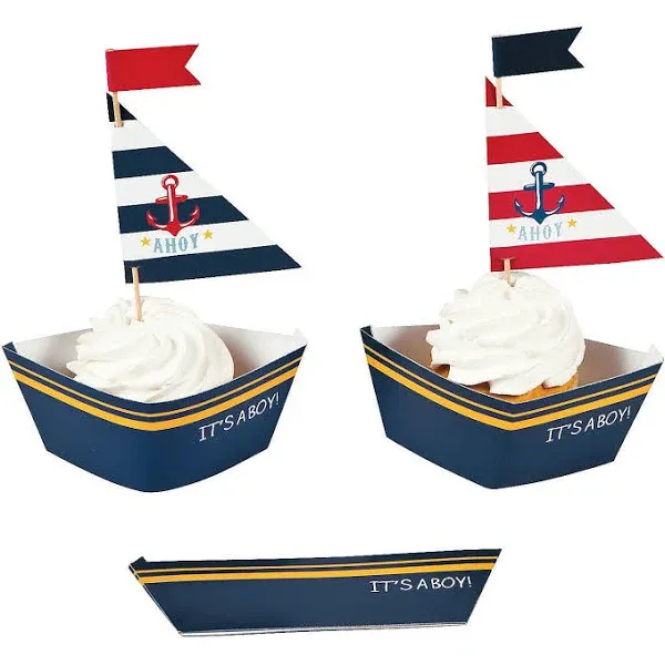 Nautical Baby Boy Shower Cupcake Collars and Cupcake Toppers Cupcake Picks Decoration Set - 50 Sets - Its a Boy Baby Shower Party Supplies - Nautical Baby Shower Decoration