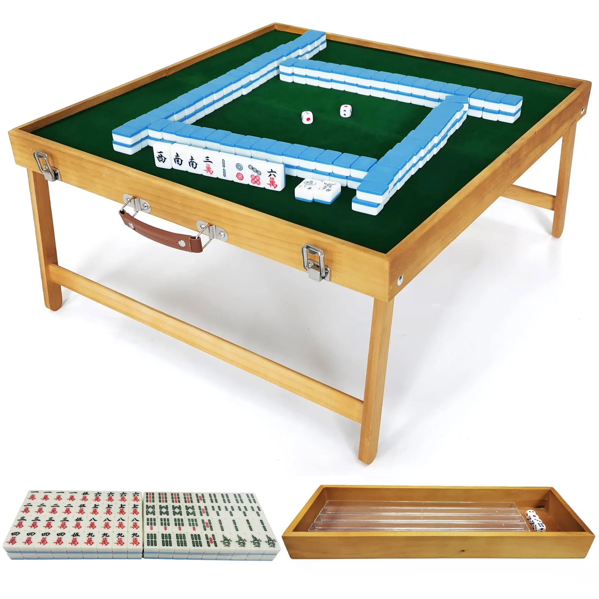 Mahjong Table with Tiles Set, Portable Mahjong Game Set of Foldable Wooden Table with 144pcs Mah Jongg Tiles,1pc MaJiang Tile Storage Box, 1pc Bag and 4pc All in One Racks [麻将套装]