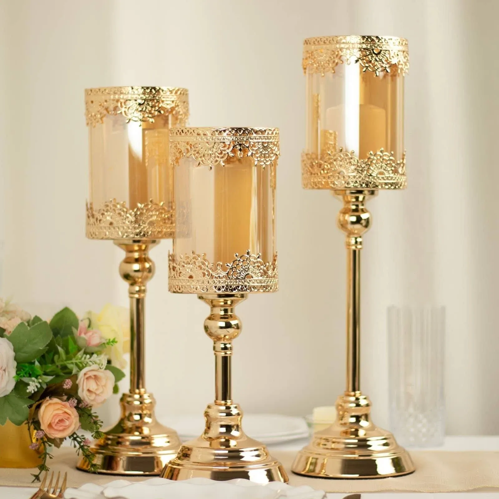 Efavormart Set of 3 | Antique Gold Lace Design Votive Candle Stands, Hurricane Glass Pillar Candle Holders - 13 inch,15 inch,17 inch