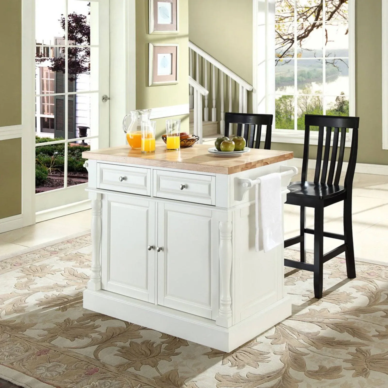 Crosley Butcher Block Top Kitchen Island with 24 in. School House Stools , White