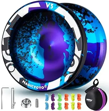 MAGICYOYO Responsive Yoyo V3, Professional Metal Yoyo for Kids Beginner, Aluminum Alloy Yoyo with Unresponsive Bearing + Bearing Removal Tool + Axle + Bag + 12 Yoyo Strings (Black Blue Purple)