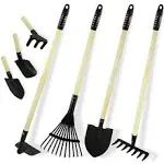 7PCS Kids Gardening Tools, Long Shovel, Rake for Leaves, Spade, Hoe, Steel Heads & Real Wood Handle, Yard Tools for Children Toddlers Gifts