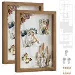 SONGMICS Shadow Box Frame, Set of 2, 1.3-Inch Deep Memory Display Case for Desk Wall Decor, Box Picture Photo Frame with 8 Wood Push Pins, 6 Mats, 3 Non-Trace Nails, Gift, Teak Brown