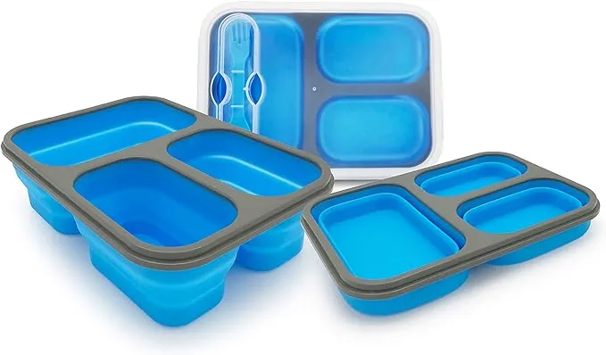 Foldable Bento Lunch Box (1pcs) for Women Men With Spork & Lid BPA Free,Collapsible and Leakproof Space Saving Food Storage Containers with 3 Compartments -Blue