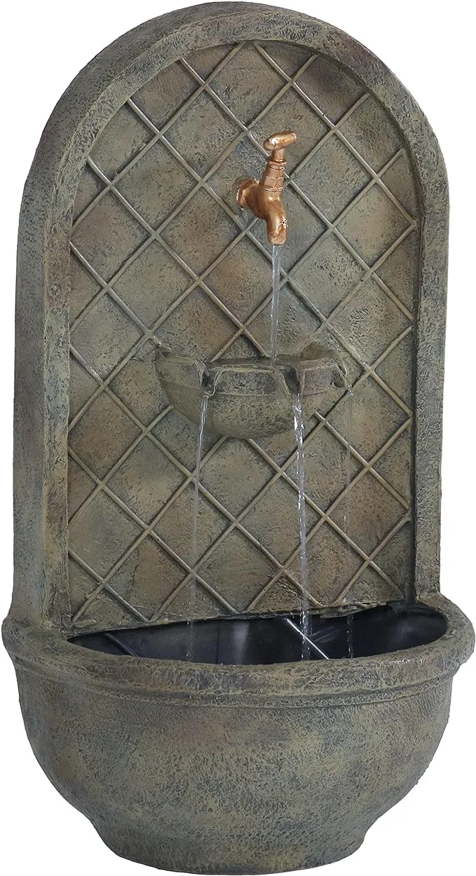 Sunnydaze Messina 26-Inch Polystone Outdoor Wall Water Fountain - Electric Submersible Pump - Florentine Stone Finish