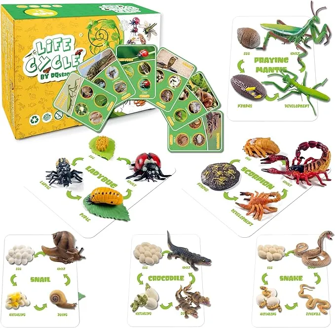 DQstar Life Cycle Figures of Praying Mantis, Ladybug, Snails, Scorpion, Crocodile, Snake, Science Toys Kit, Animal Figures Fo