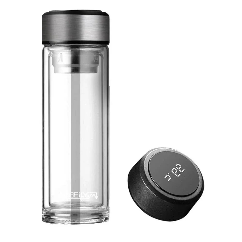 WEEILYAM, Borosilicate Glass Bottle with Silver Cap LED Temperature 