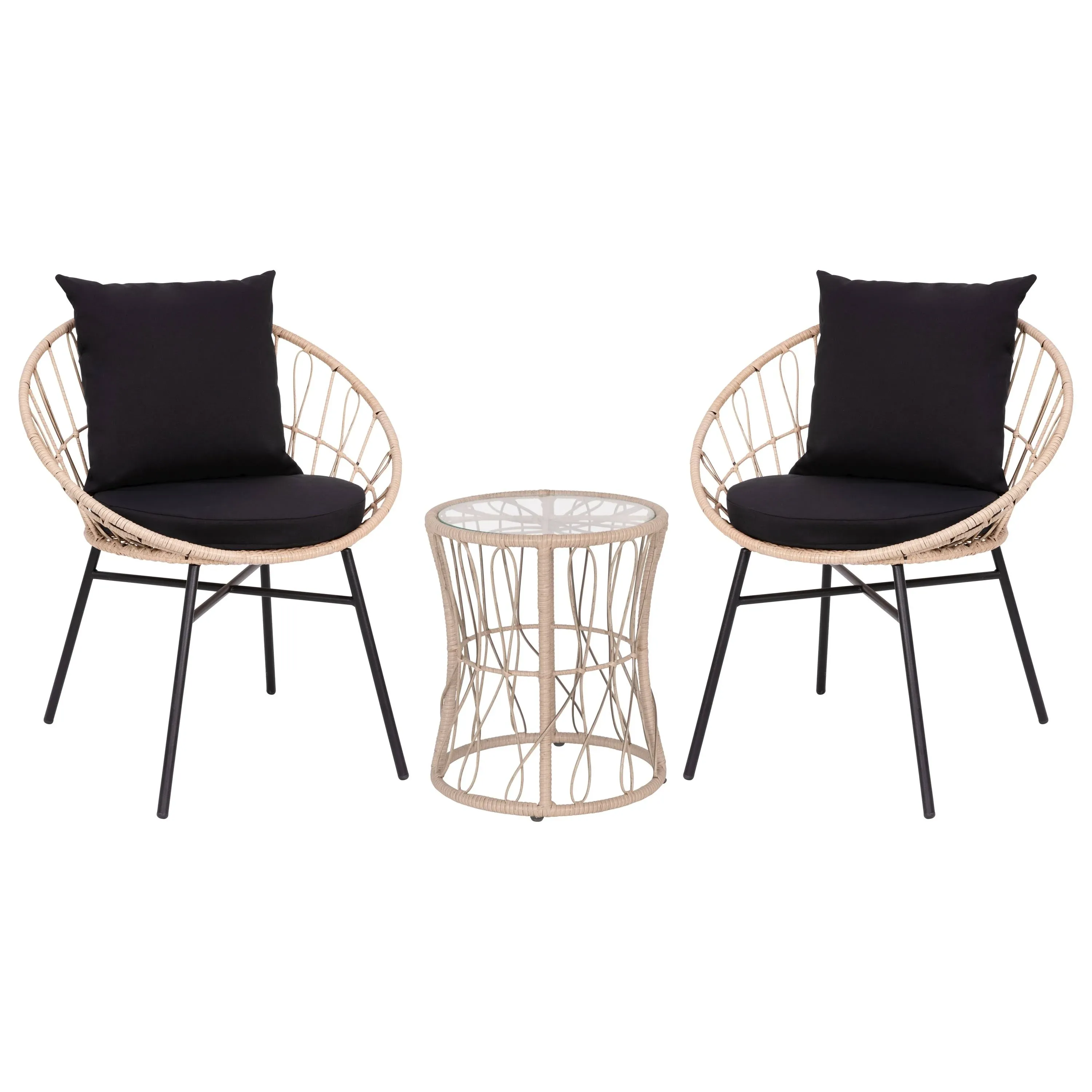 Taylor & Logan Fielder 3-Piece Tan Indoor/Outdoor Bistro Set with Papasan Style Rattan Rope Chairs, Glass Top Side Table & Black Cushions