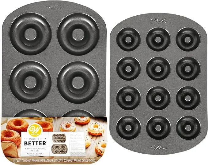 Wilton Donut Pan 2-Piece Set, 6-Cavity Mini, and 12-Cavity Standard Donuts, Scratch Resistant and Nonstick Doughnut Pan with Doughnut Molds, Made of Long Lasting Carbon Steel Construction Heats Evenly