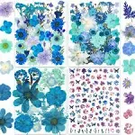 30 Types 147pcs Blue Dried Pressed Flowers with Butterfly Stickers - YouthBro Real Nature Flowers Herb Set for Resin DIY Jewelry Candle Soap Vase