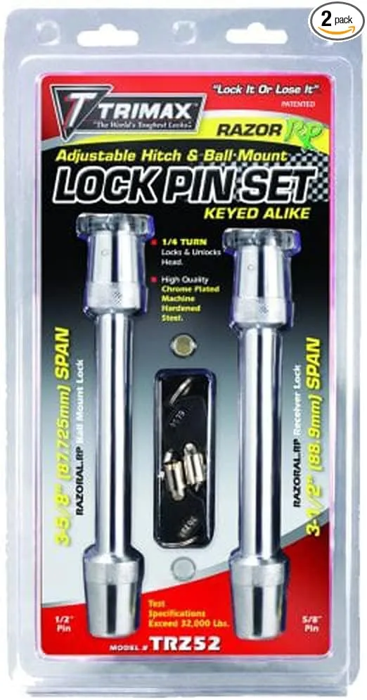 TRIMAX TRZ52 Razor Adjustable Hitch &amp; Ball Mount Lock Pin Set - (1) 1/2&quot; Pin x 3-5/8&quot; Span &amp; (1) 5/8&quot; Pin x 3-1/2&quot; Span