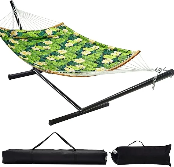 Spreader Bars Hammock Combo 450lbs Capacity, 12 FT Steel Stand with Quilted Polyester Pad and Pillow for Indoor Outdoor Patio Deck Yard