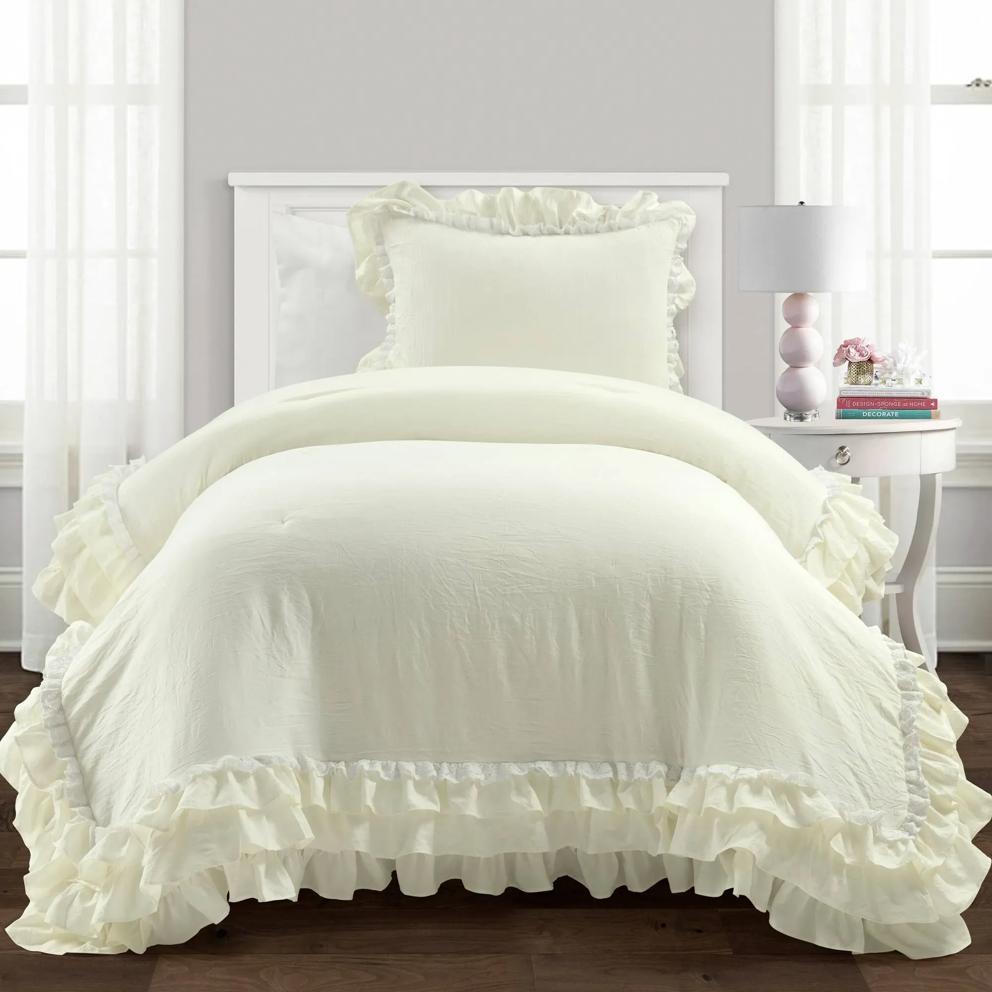 Lush Decor Ella Shabby Chic Ruffle Lace Comforter White 3PC Set Full/Queen