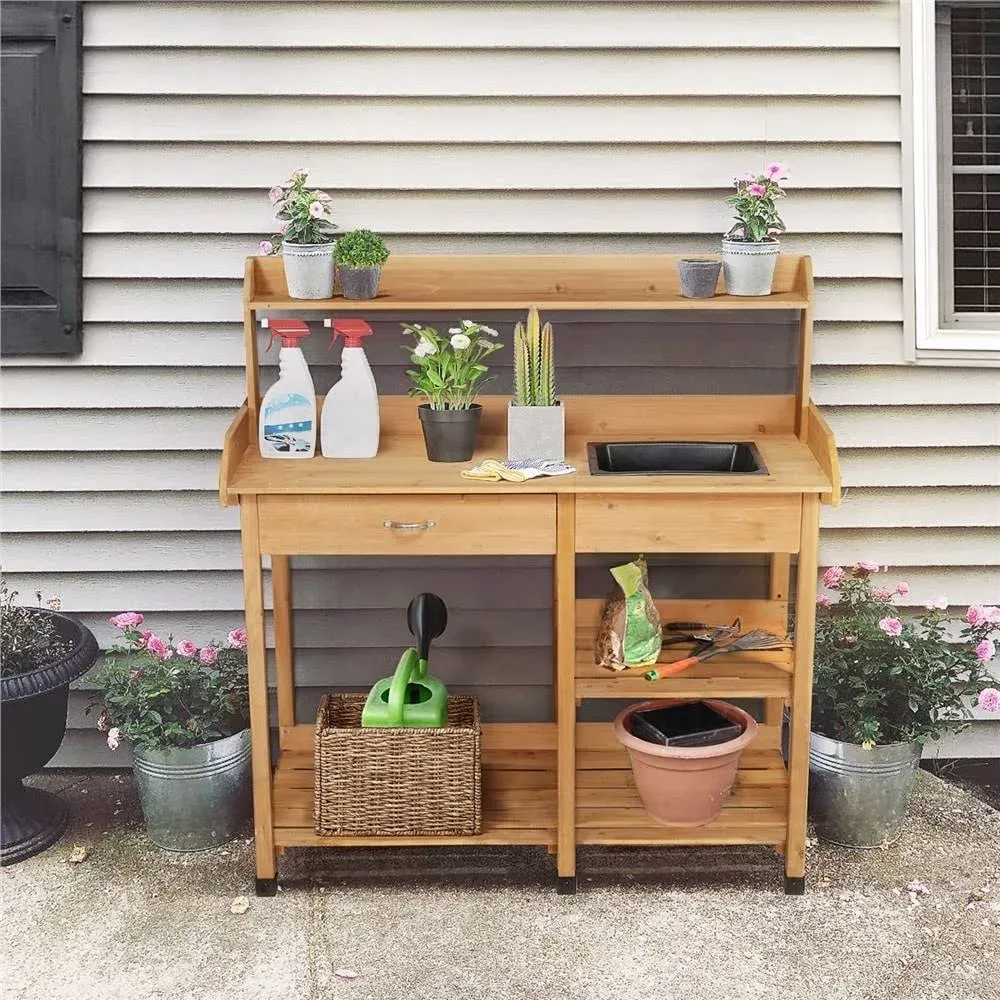 Yaheetech Garden Potting Bench Planting Bench with Sink Drawer Rack - N/A - Yellow