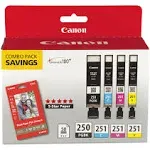 Canon® PGI-250BK/CLI-251CMY Black And Cyan, Magenta, Yellow Ink Tanks And Paper, Pack Of 4