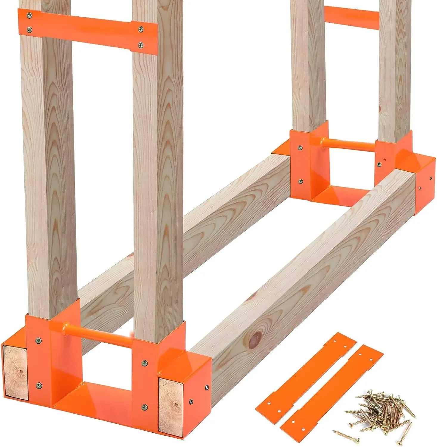 MOFEEZ Outdoor Firewood Log Storage Rack 2x4 Bracket Kit, Fireplace Wood Storage Holder, Adjustable to Any Length - Orange, Two Bases