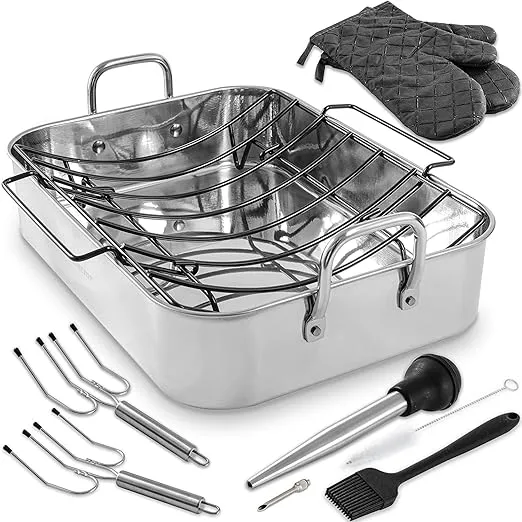 Roasting Pan with Nonstick Rack - 16 inch Stainless Steel Rectangular Turkey Pan with Non-stick U-Shaped Rack, Turkey Roaster Pan for Thanksgiving Party