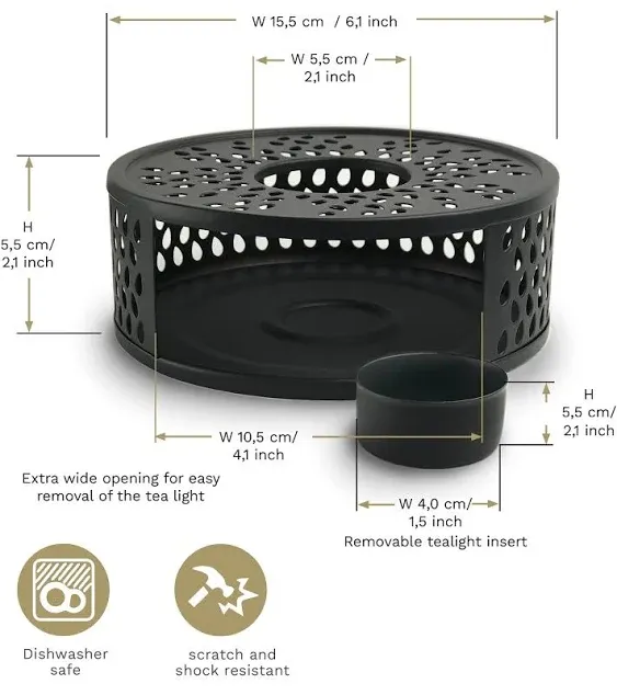 Creano Black Stainless Steel Tea Warmer with Tea Light Holder - Tea Cosy - Stable Not Rattling - Rechaud Suitable for All Teapots