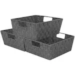 3 Pack Woven Basket Bin Set - Stackable Shelf Storage Tote Baskets with Handles