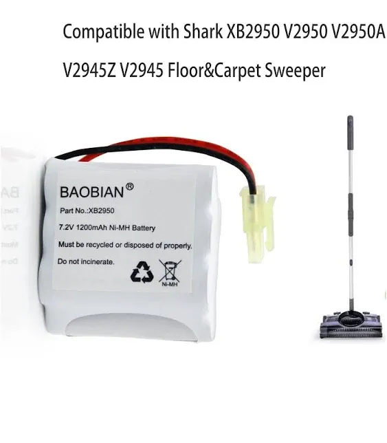 XB2950 7.2V 1200mAh Ni-Mh Battery Pack Compatible with Shark V2950 V2950A V2945Z V2945 Floor & Carpet Sweeper