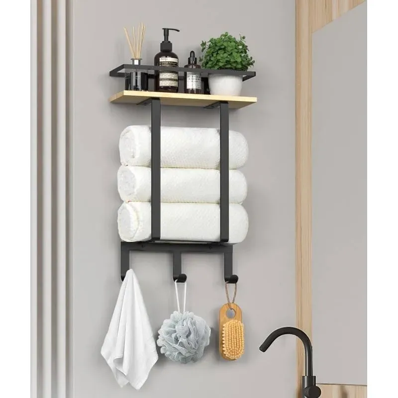 Luxspire Towel Racks Wall Mounted for Bathroom, Towel Holder Wall Mounted with Wooden Floating Shelf & 3 Metal Hooks, Rolled Bath Towel and Hand Towel Rack for Bathroom, Black + Wooden