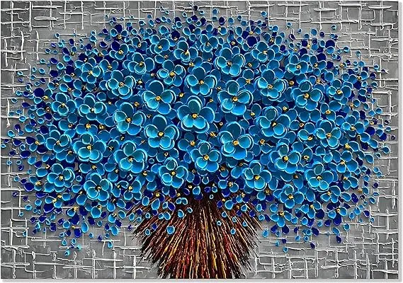 Alenoss 3D Floral Oil Paintings on Canvas 40x28 Inches Flower Grayish Blue Artwork Large Abstract Framed Canvas Wall Art for Home Decorations