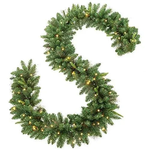 9 FT by 12 Inch Christmas Garland + Garland with Pine Cones, Pre-lit Garland with 50 Warm Lights