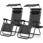 MoNiBloom Zero Gravity Chair Set of 2 with Canopy Shade, Patio Folding Anti Gravity Recliner, Foldable Outdoor Lounger with Cup Holder Tray for Beach Camping, Black